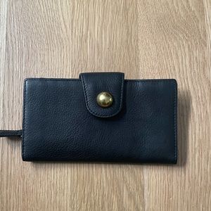 Black leather Osgoode Marley RFID wallet with gold snap closure